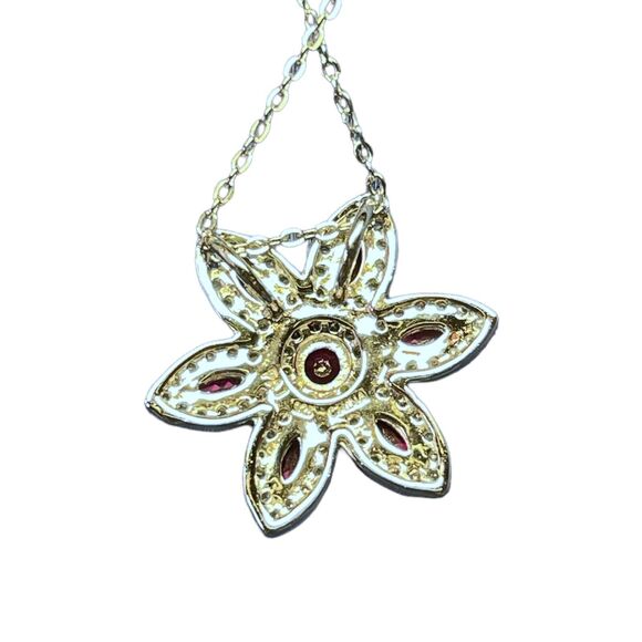 Created Ruby Cubic Zirconia Flower Pendant Necklace Sterling Silver - Picture 6 of 8